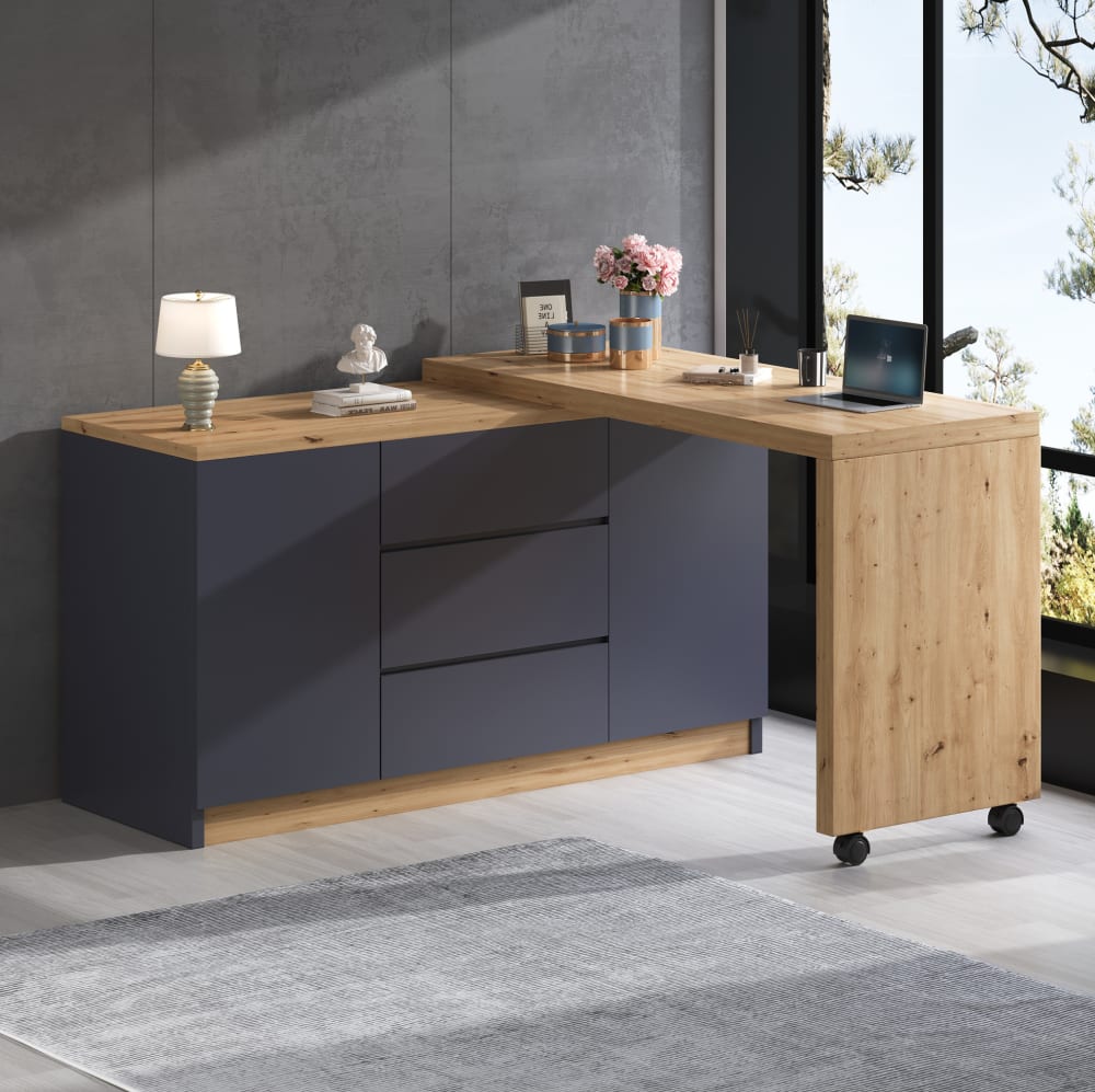 Bureau pliant avec 3 tiroirs, gris et chêne 120x50x76,5 cm