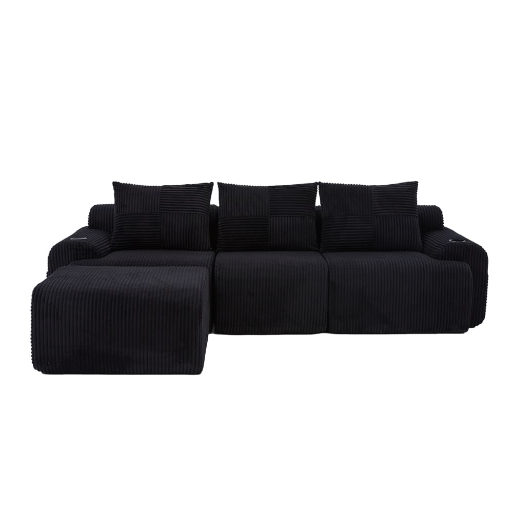 Canapé modulable en velours polyester côtelé noir 3 places