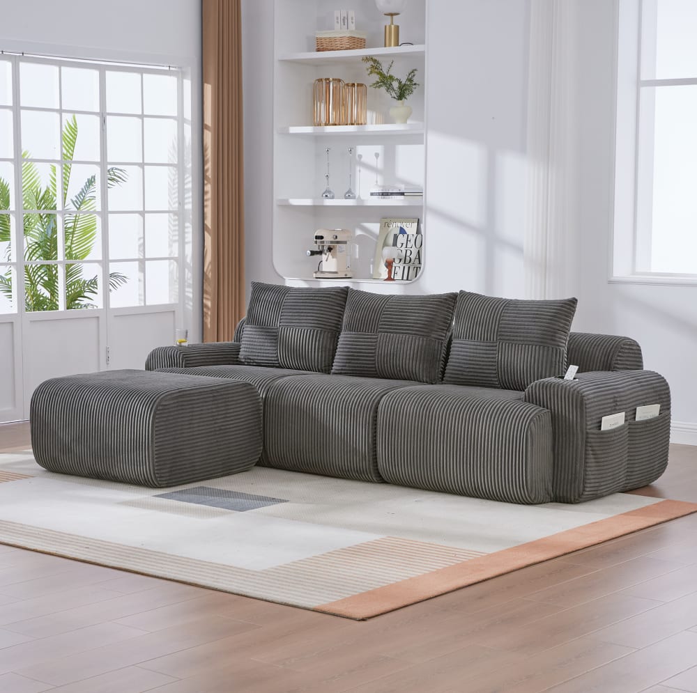 Canapé modulable 3 places en velours polyester côtelé gris foncé