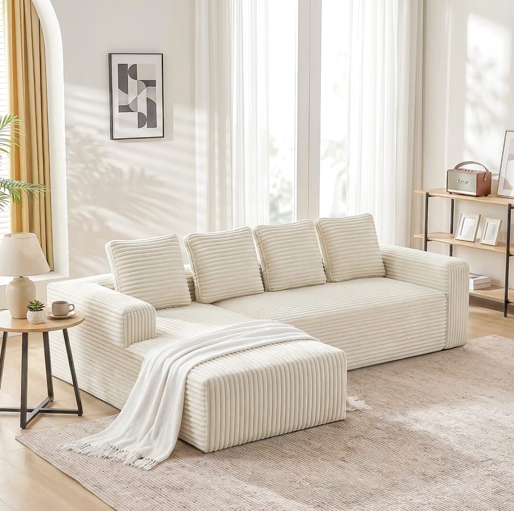 Canapé modulable en velours polyester côtelé beige 261x168x58 cm