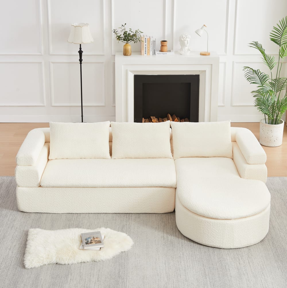 Canapé d'angle 3 places en chenille beige avec méridienne
