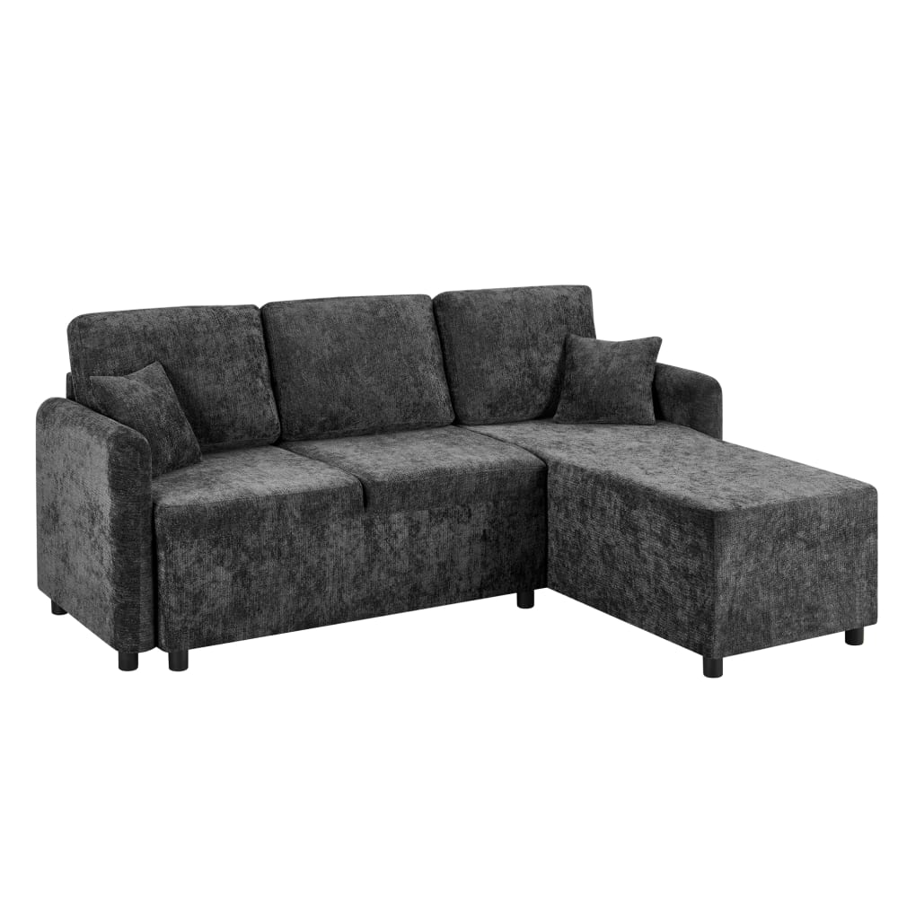 Canapé d'angle 3 places en chenille noir avec coussins