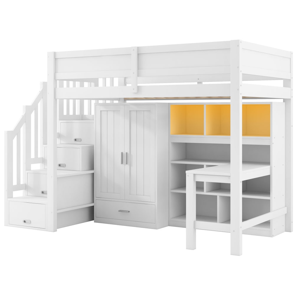Lit mezzanine enfant avec bureau et rangement en pin blanc 90x200 cm