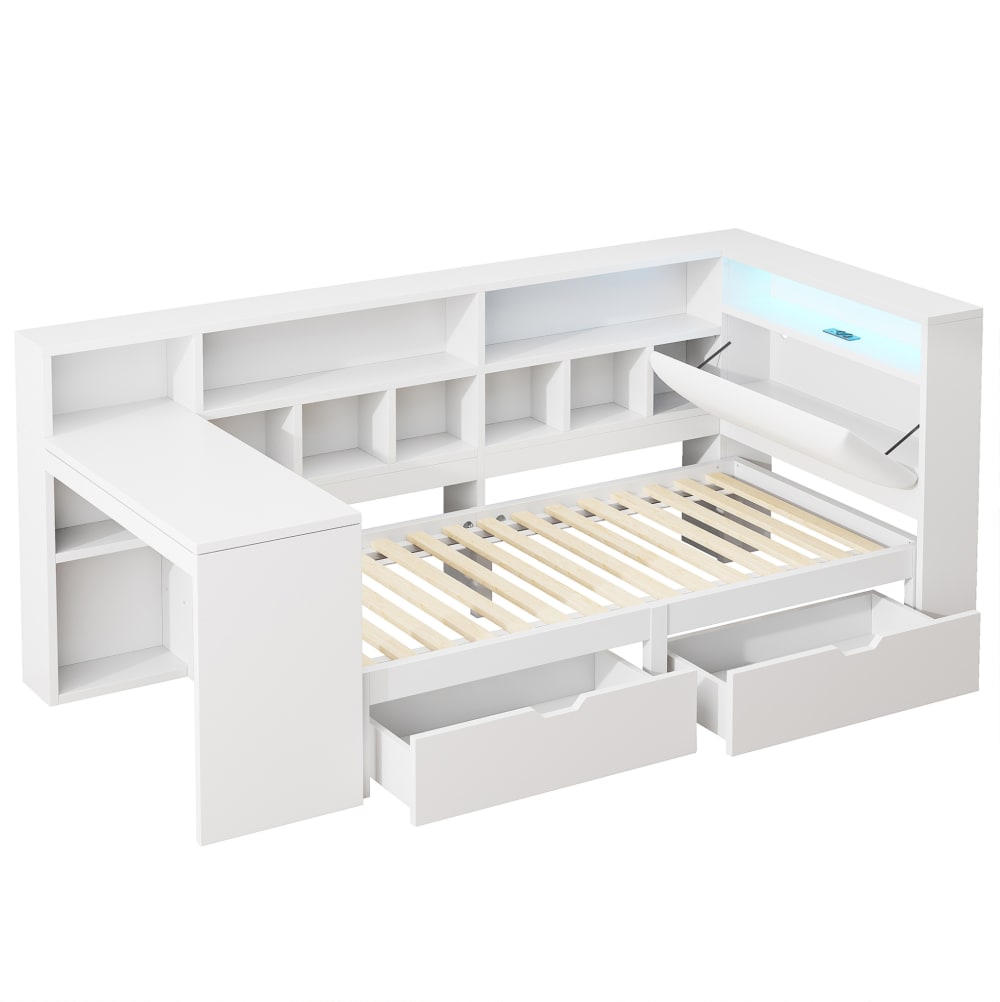 Lit banquette en panneau de fibres blanc avec bureau 90x200 cm