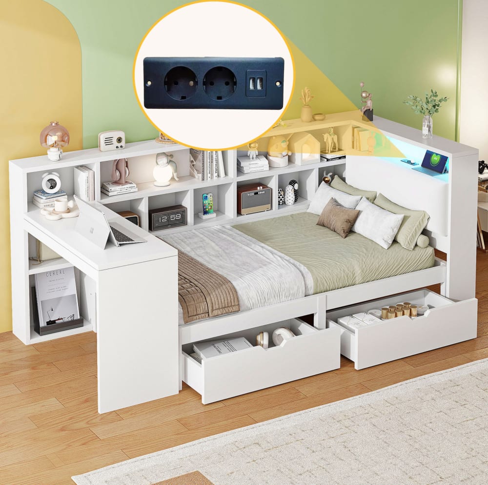 Tagesbett aus Faserplatte weiß mit Schreibtisch 90x200 cm -