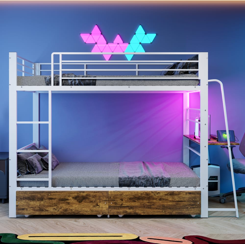 Etagenbett aus Metall mattweiß mit Stauraumschubladen 90x200 cm -