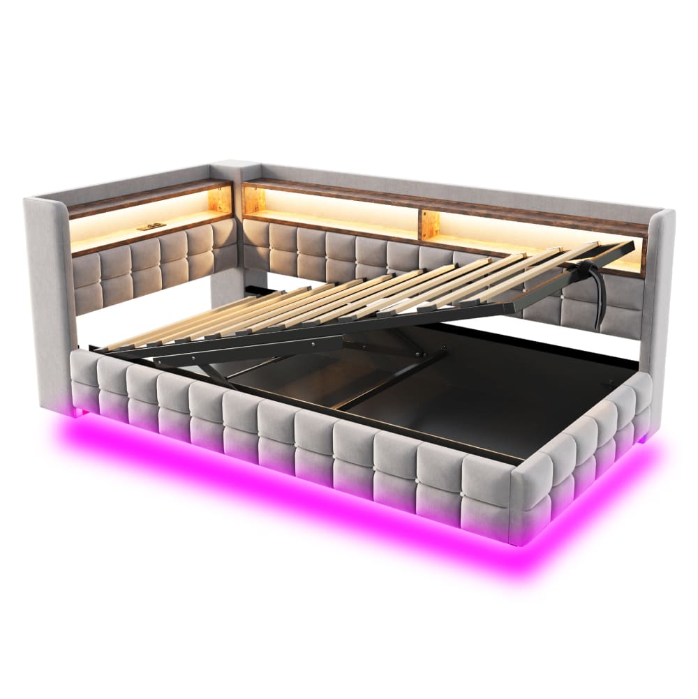 Lit de jour en velours polyester gris clair avec led 90x200 cm