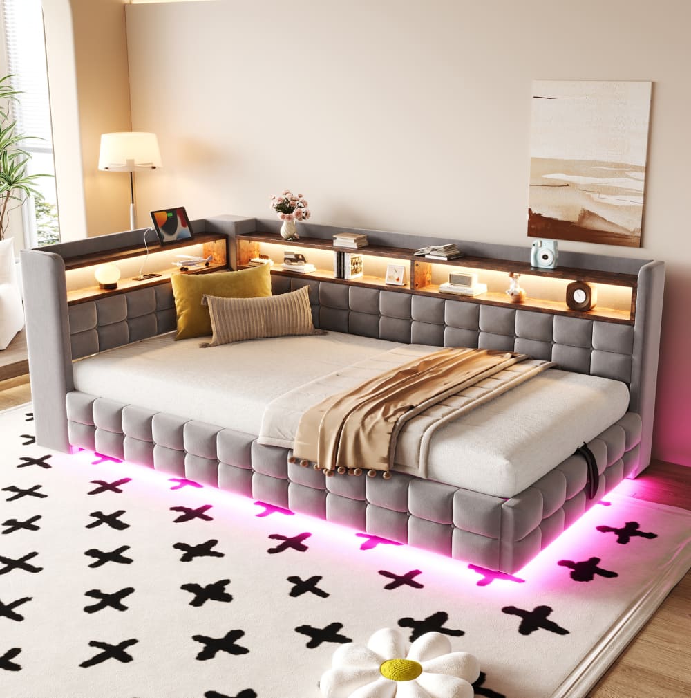 Schlafsofa aus Samt mit LED und Stauraum 90x200 cm hellgrau -