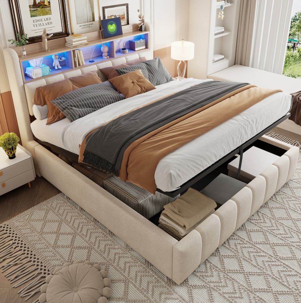 Polsterbett Leinen LED Stauraum 180x200 cm beige - Maisons Du