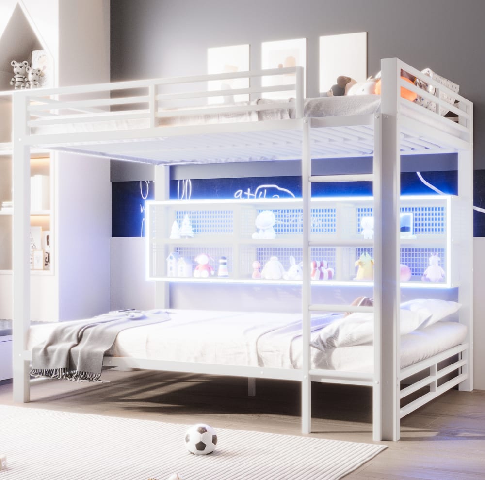 Etagenbett aus Metall weiß mit LED und Stauraum 140x200 cm -