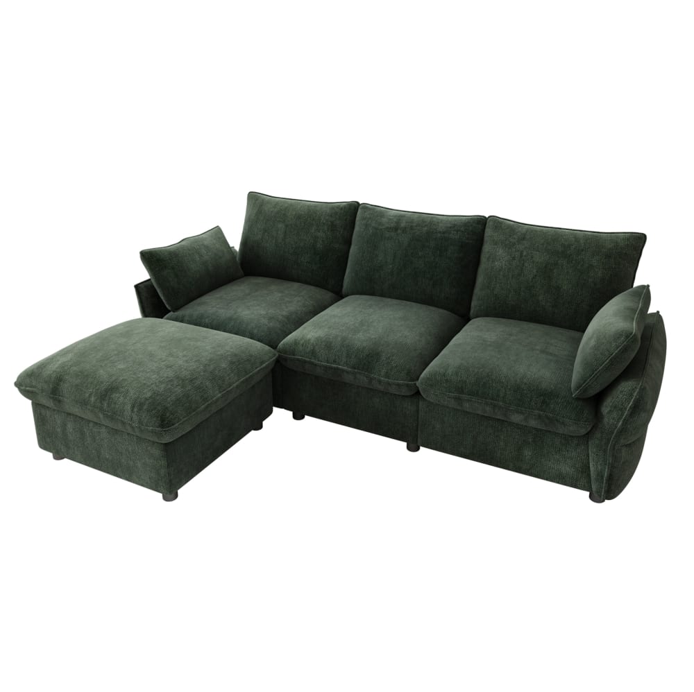 Canapé d'angle 3 places en chenille vert foncé avec pouf