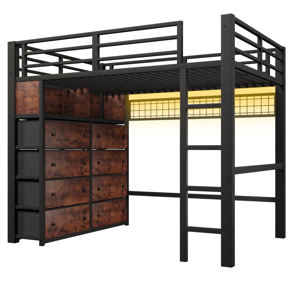 Lit mezzanine en acier noir avec led et rangement 140x200 cm