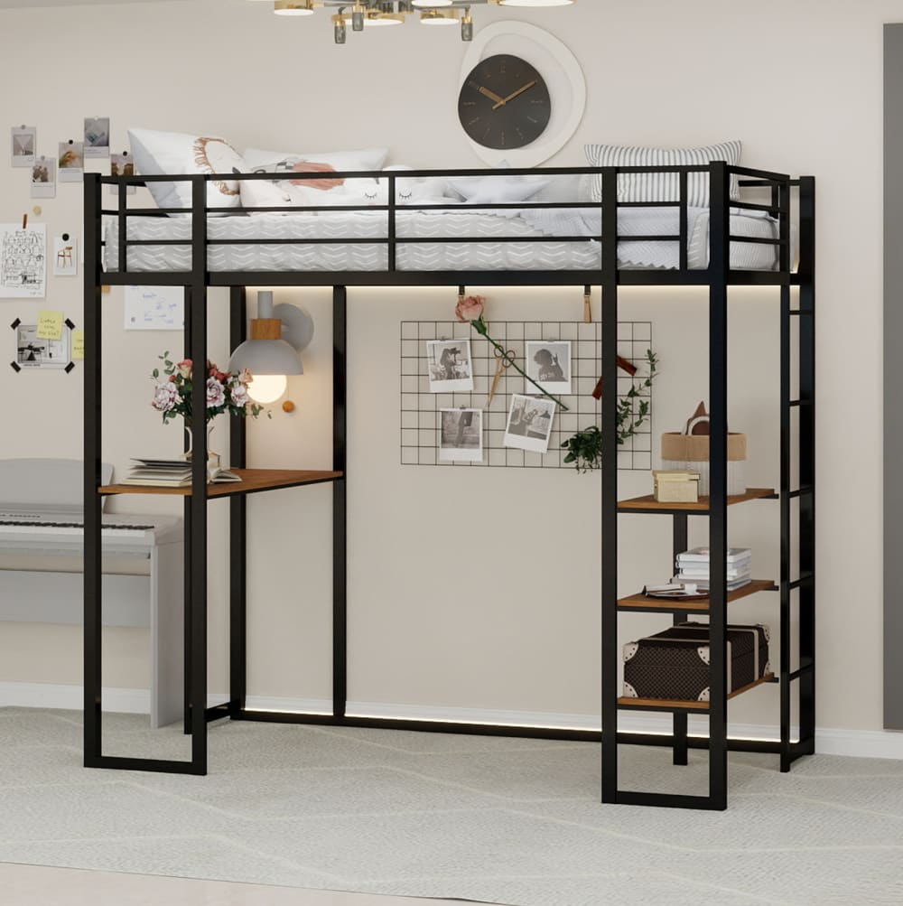 Hochbett aus Metall schwarz mit Schreibtisch 90x190 cm - Maisons