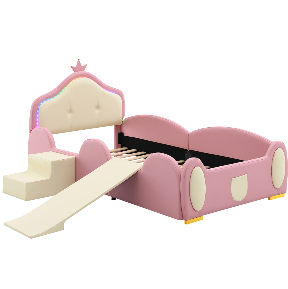 Lit enfant rembourré en polyuréthane rose et beige 90x200 cm
