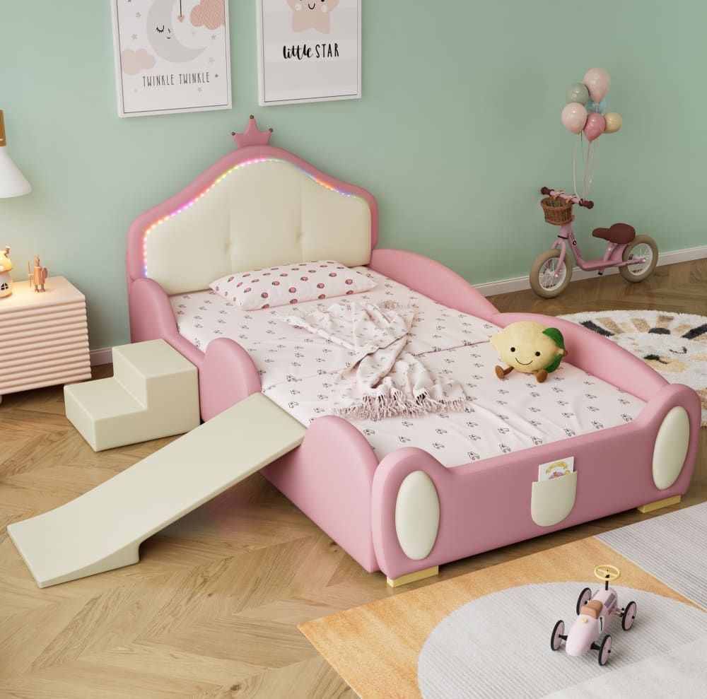 Kinder-Polsterbett aus Polyurethan rosa beige 90x200 cm - Maisons