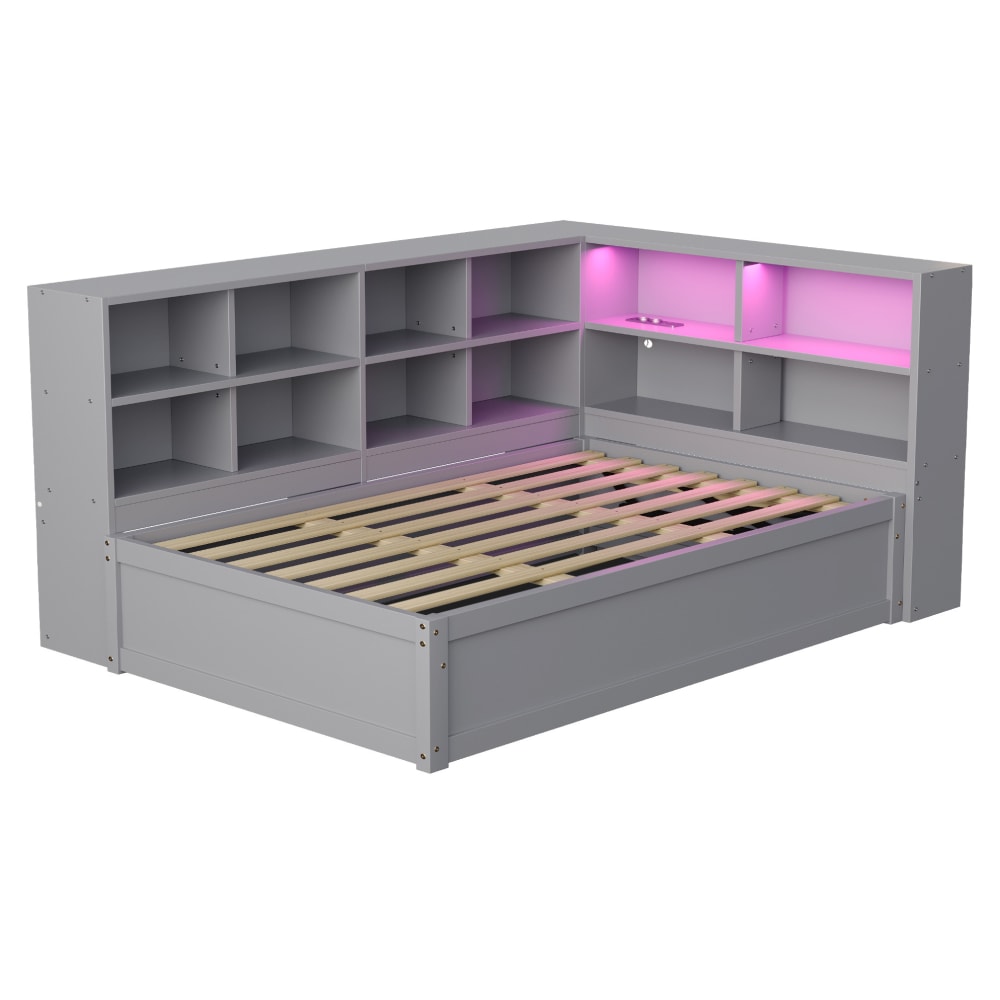 Canapé-lit en pin avec led et rangement 90 x 200 cm, gris
