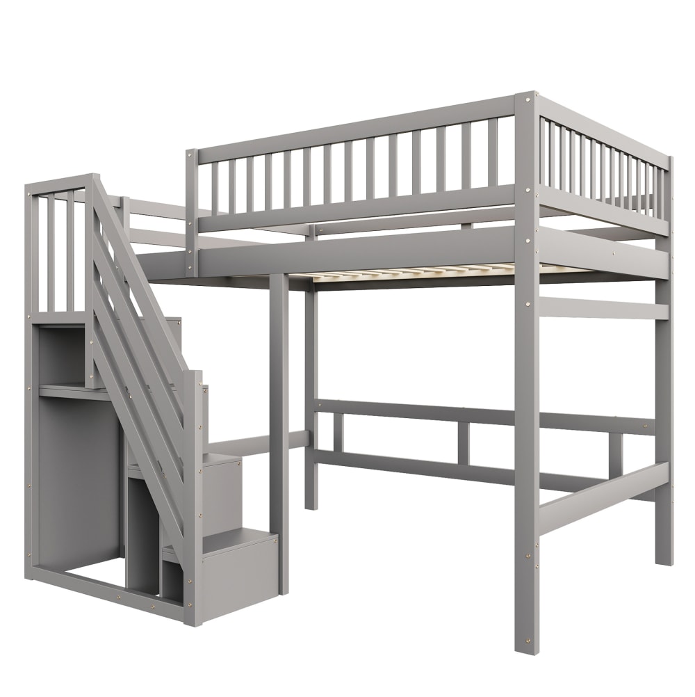 Lit mezzanine en pin gris avec escalier rangement 140x200 cm