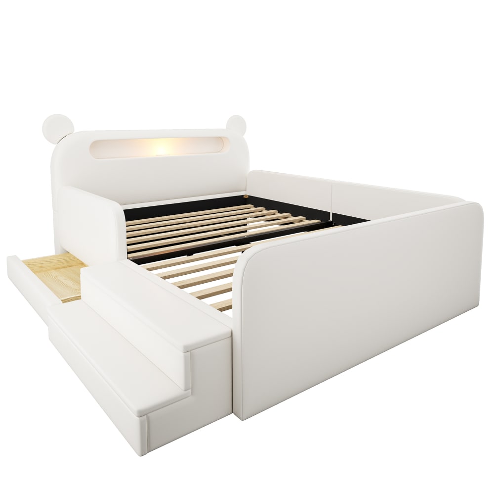 Lit enfant rembourré en simili cuir blanc avec rangement 140x200 cm
