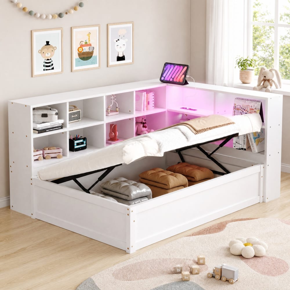 Schlafsofa aus Kiefer mit Stauraum LED weiß 90x200 cm - Maisons