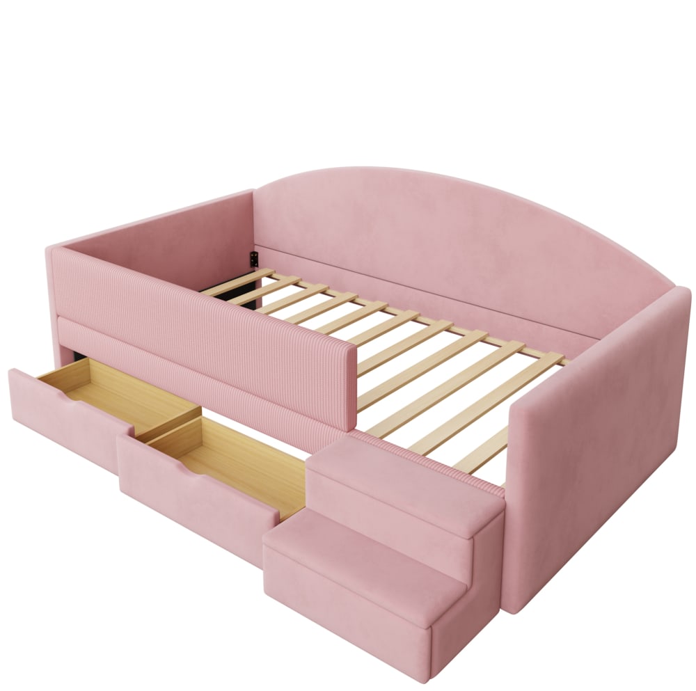 Lit enfant en velours polyester rose avec tiroirs 90x190 cm
