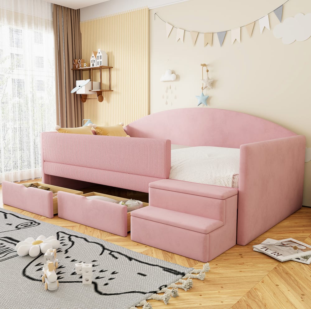 Kinderbett aus Samt rosa mit Schubladen 90x190 cm - Maisons Du