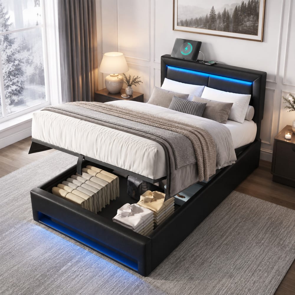 Polsterbett aus Polyurethan schwarz mit LED und Stauraum 90x200