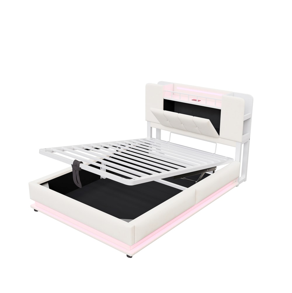 Hauss Spole Kinderbett gepolstert aus Samt beige mit LED Stauraum 90x200 cm Pes - Polyester Baby