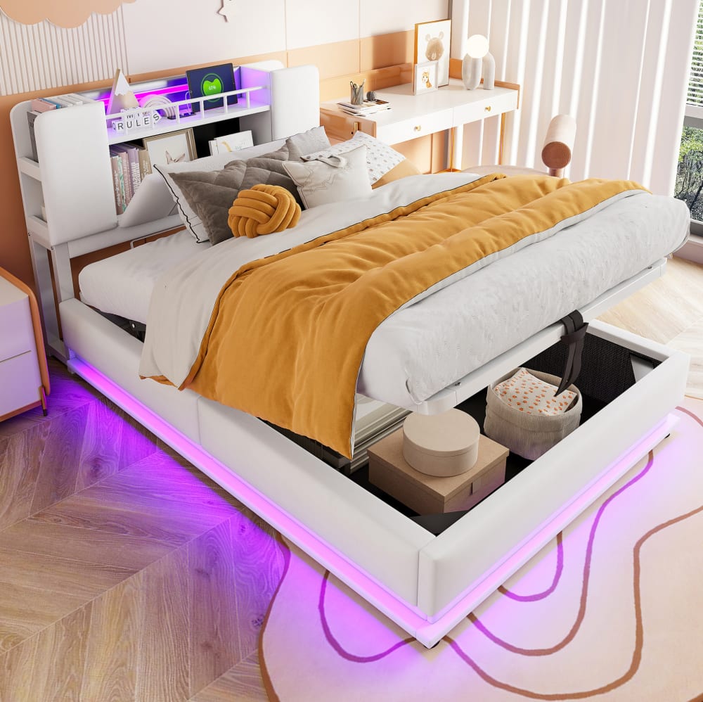 Kinderbett gepolstert aus Samt beige mit LED Stauraum 90x200 cm -