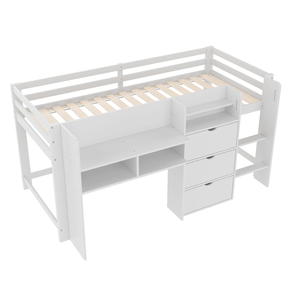 Lit enfant mi-hauteur en pin blanc avec rangements 90x200 cm