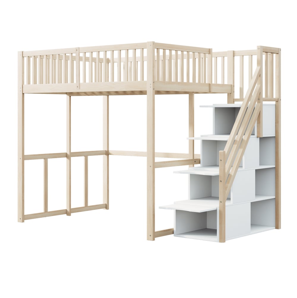 Lit mezzanine enfant en pin marron avec rangement 140x200 cm