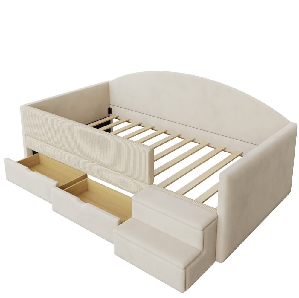 Lit enfant en velours polyester beige avec tiroirs 90x190 cm