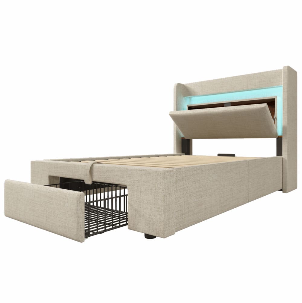 Hauss Spole Polsterbett aus Leinen beige 90 x 200 cm mit LED, USB und USB-C style modern - Pes - Polyester