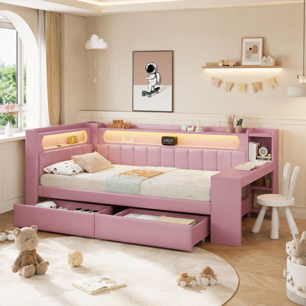 Tagesbett aus Leinen rosa mit Schreibtisch und Beleuchtung 90x200