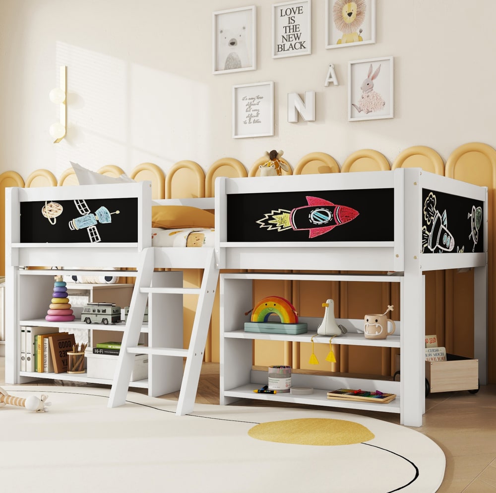 Halbhohes Kinderbett aus Kiefer mit Stauraum weiß 90x200 cm -