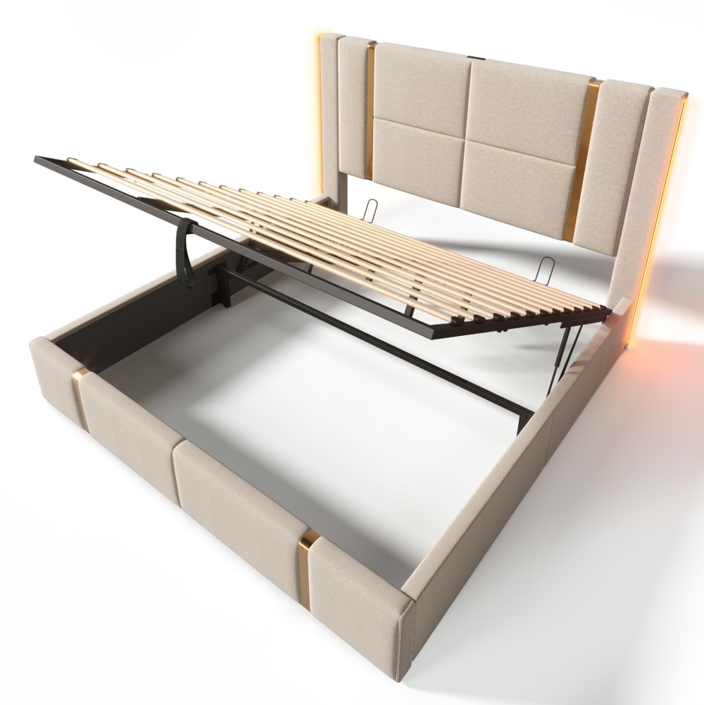 Lit rembourré en lin beige avec led et rangement 180x200 cm