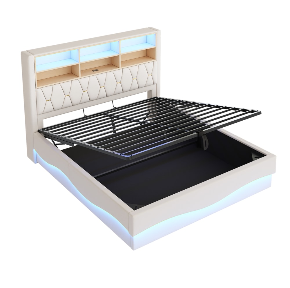 Lit rembourré en lin beige avec led et rangement 180x200 cm