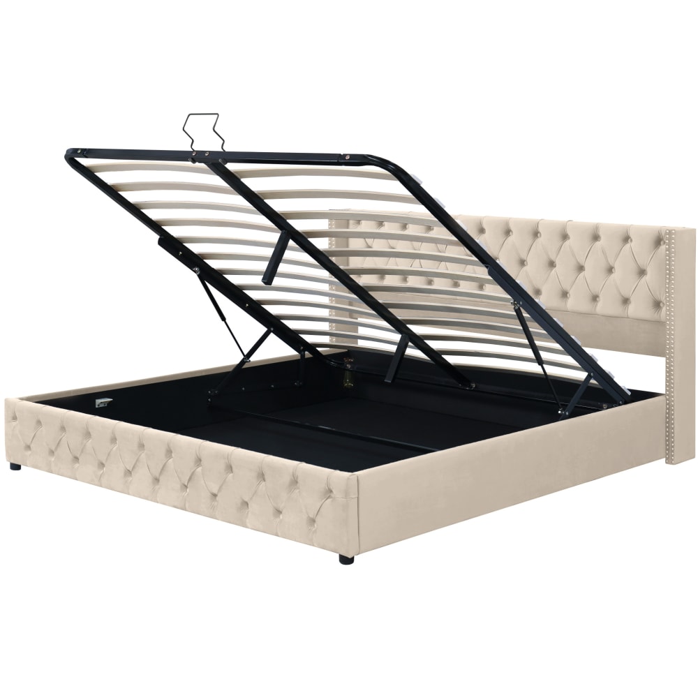 Lit coffre capitonné en velours polyester beige 160 x 200 cm