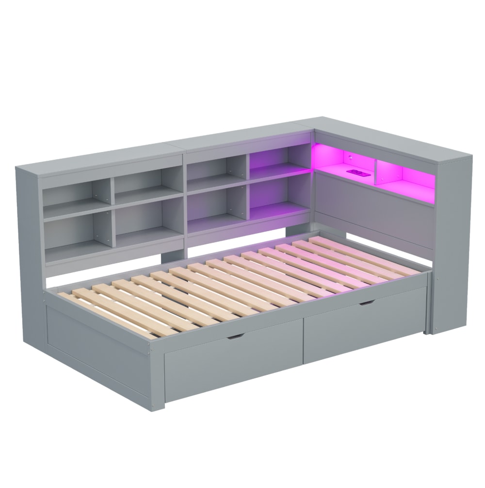 Lit banquette en pin gris avec led et rangements 90x200 cm