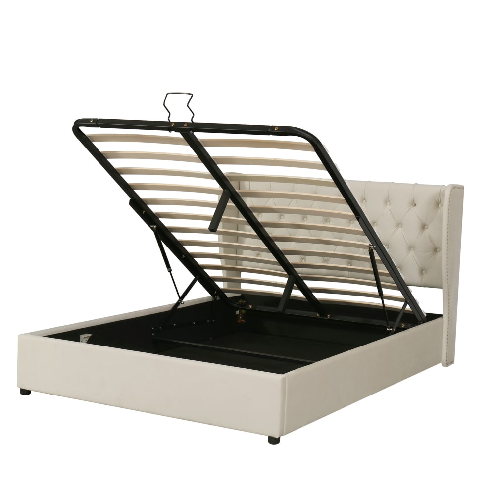 Lit rembourré en velours polyester beige avec rangement 140x190 cm
