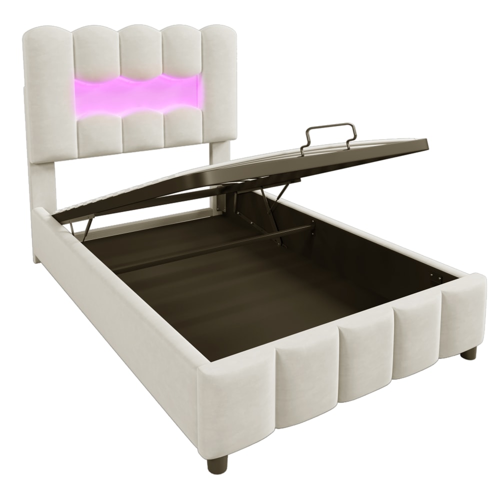 Lit rembourré en velours polyester beige 90x200 cm