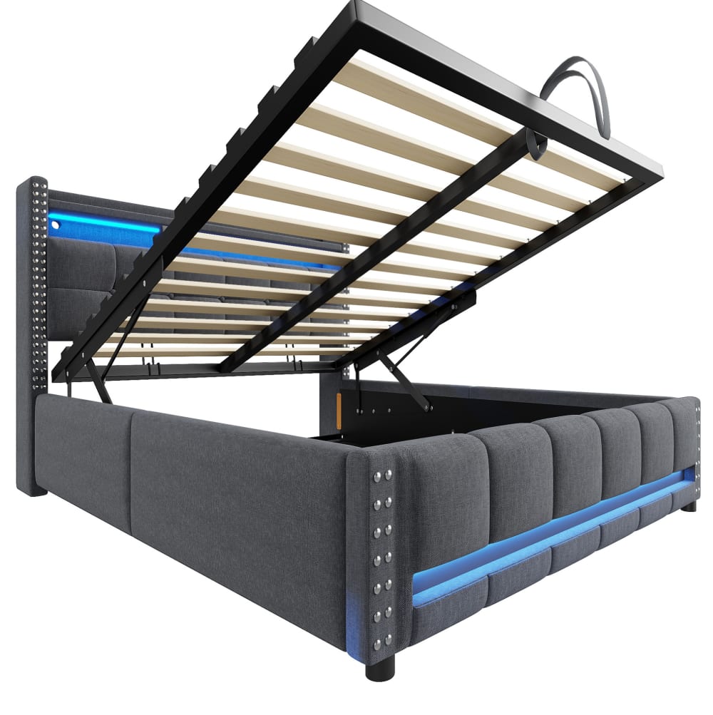 Lit double rembourré en lin gris avec led et rangement 160x200 cm