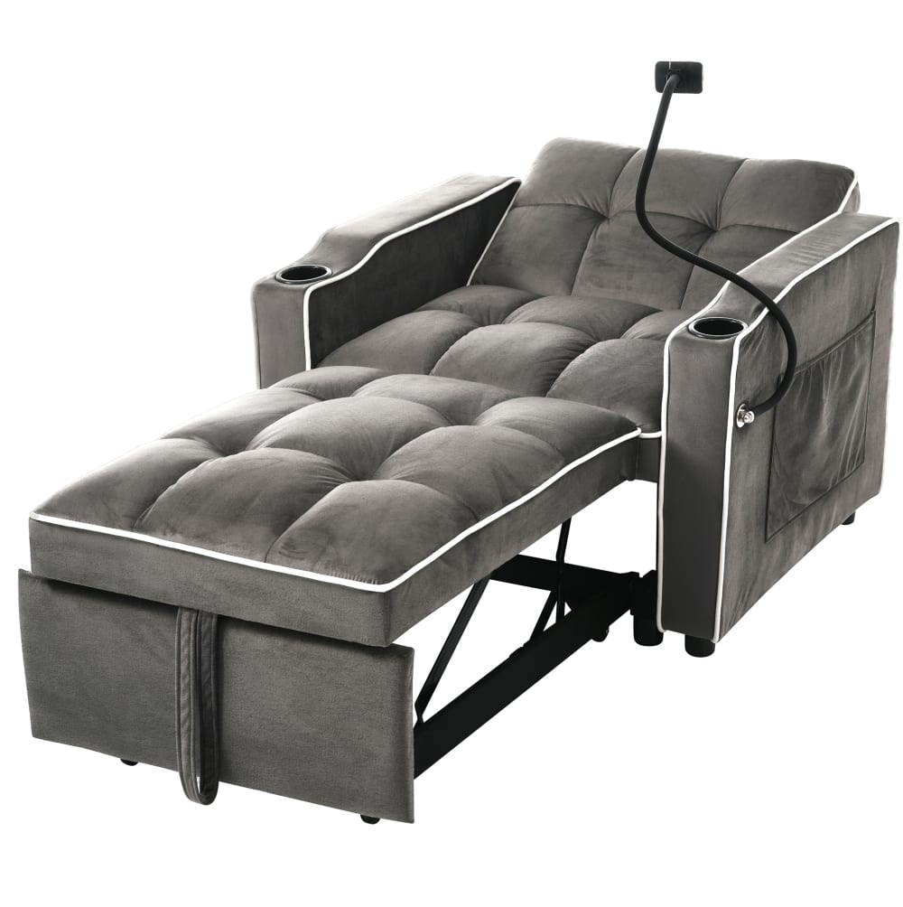 Fauteuil-lit en velours polyester avec porte-gobelets gris foncé