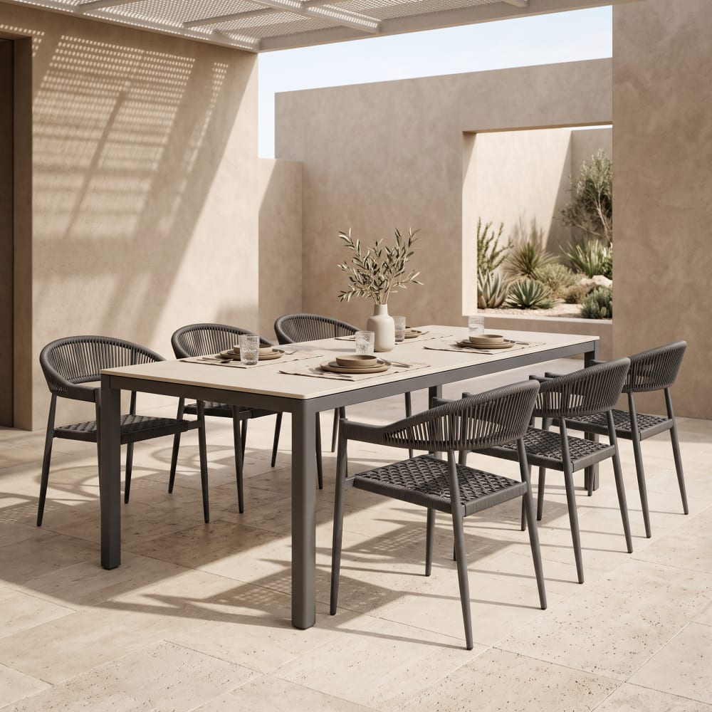 8er-Set Gartenstühle aus grauem Aluminium und Seil - Maisons Du