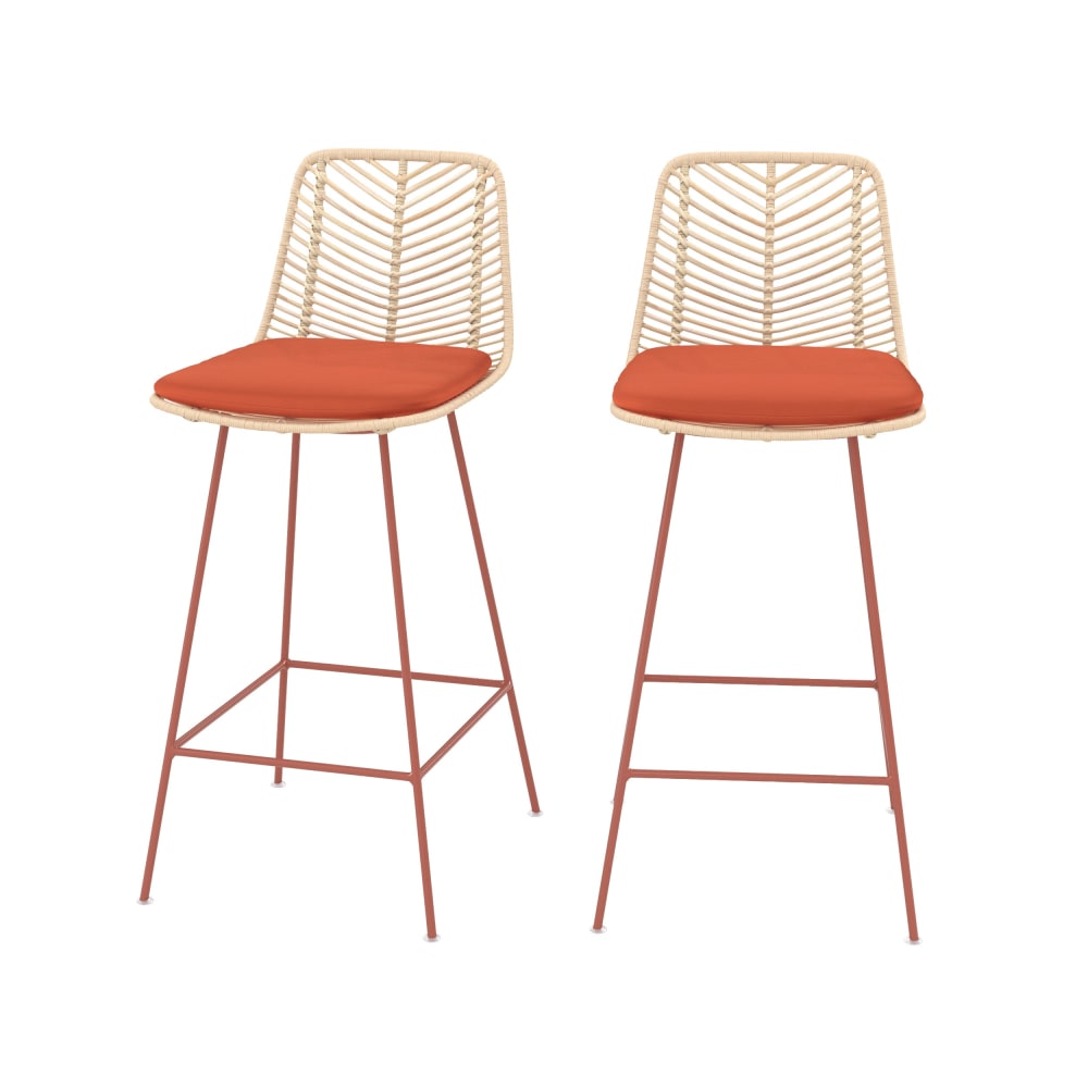 Maison Pavane 2er-Set Kücheninselstühle 66 cm aus Rattan und orangefarbenem Stoff style exotic orange Rattan
