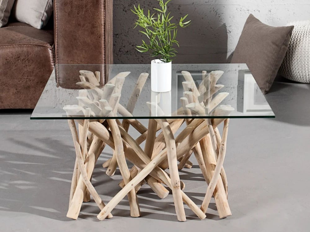 Table basse carré effet chêne clair et plateau en verre 80x40x80cm