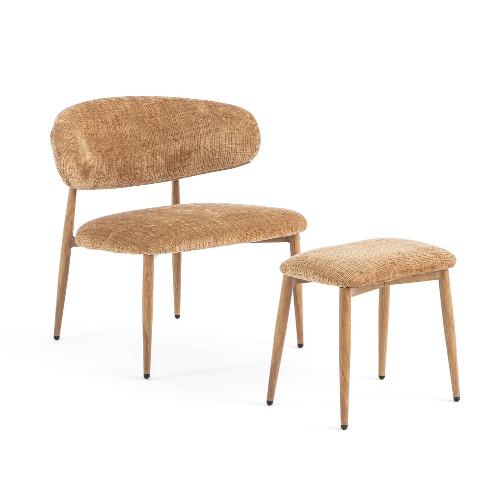 Fauteuil avec repose-pieds en tissu cuivré et structure effet bois