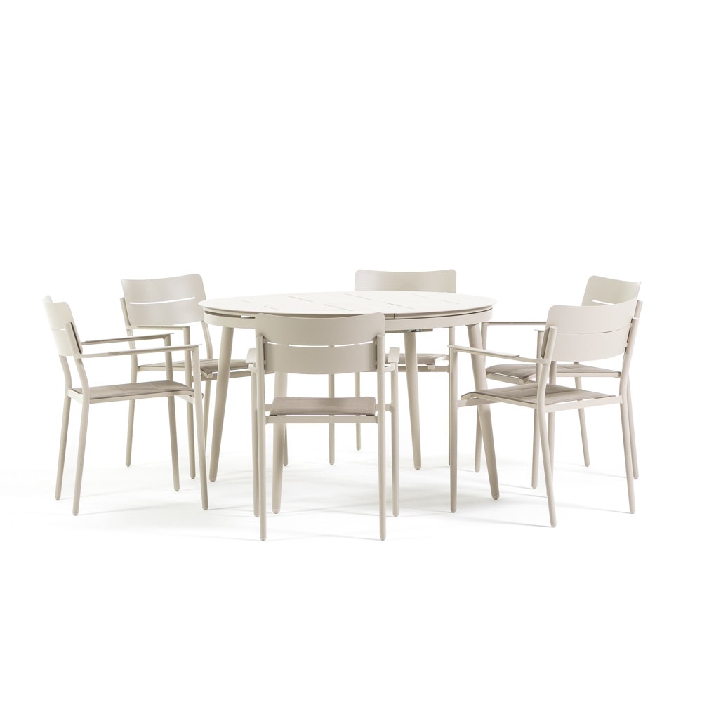 Ensemble aluminium table ronde extensible et 6 chaises beige