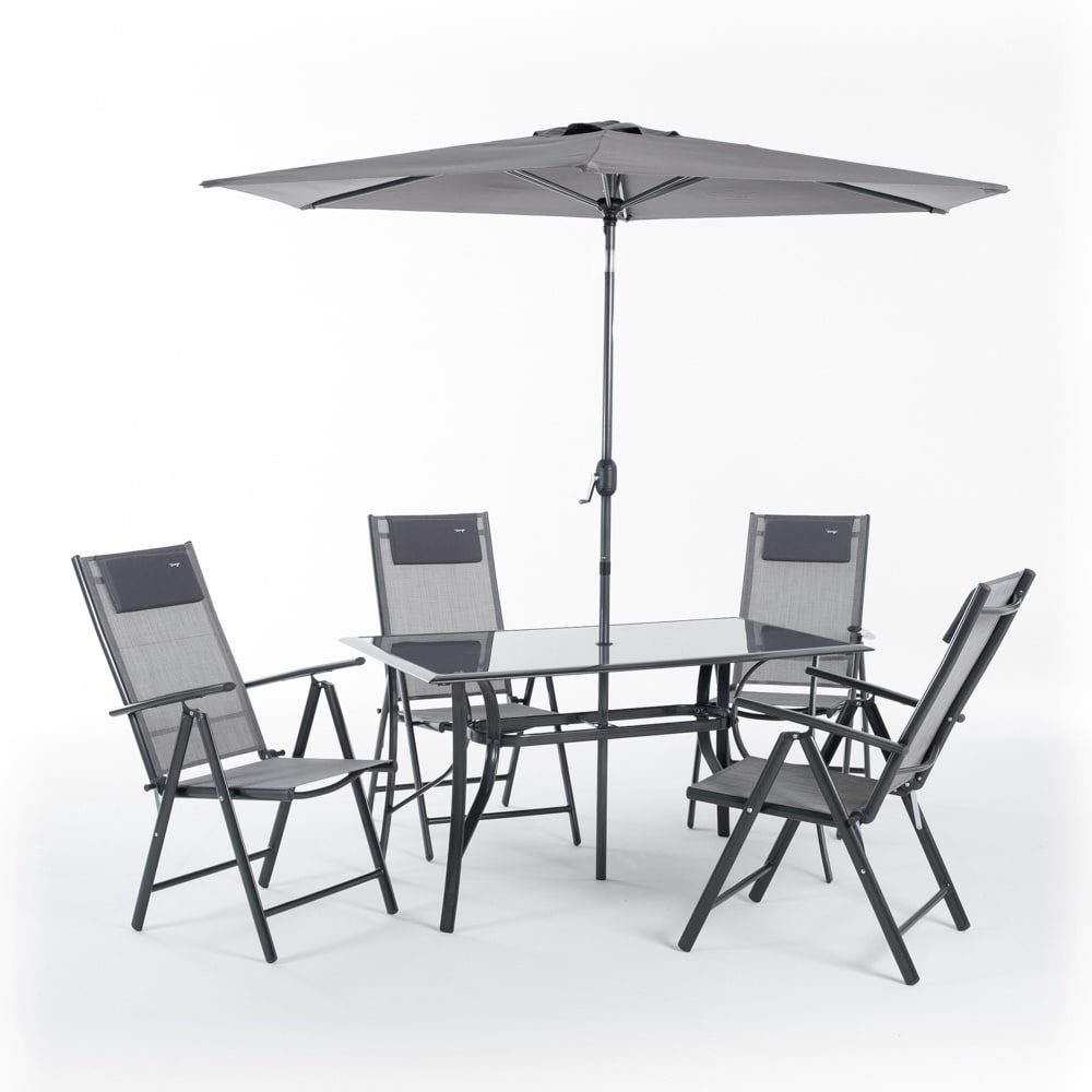 Salon de jardin en métal gris avec table, 4 chaises et parasol