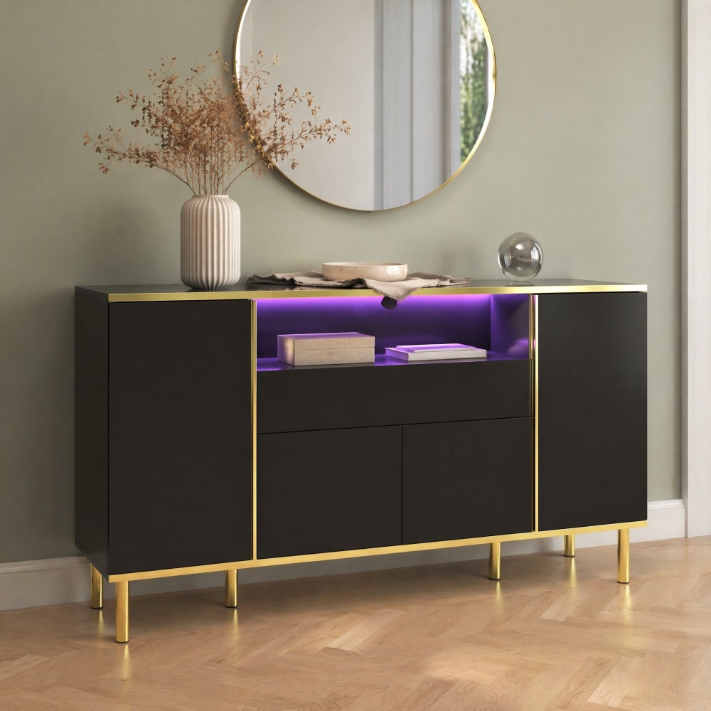 Sideboard aus mdf und Spanplatte mit LED 150x40x80 cm, Schwarz -