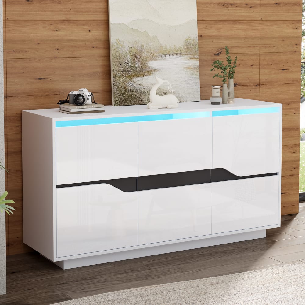 Sideboard aus Spanplatte mit LED 140 x 40 x 70 cm, Weiß/Schwarz -